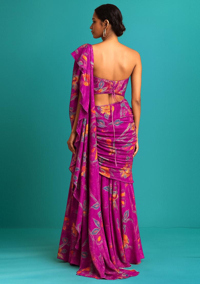 Pink Sequin Embroidered Organza Pre Draped Saree Set - Indya