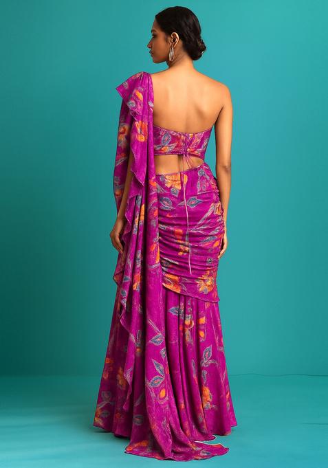 Pink Sequin Embroidered Organza Pre Draped Saree Set