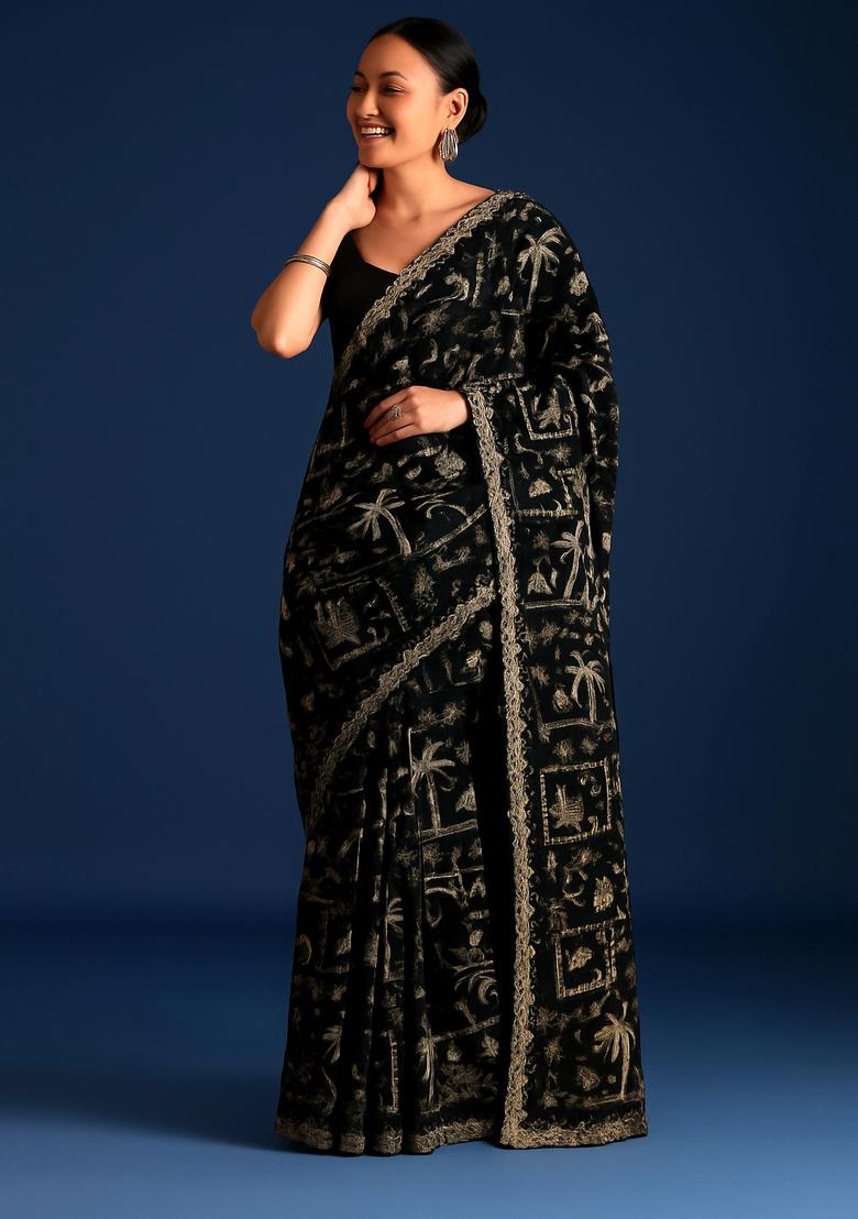 Black Embroidered Linen Pre Draped Saree Set