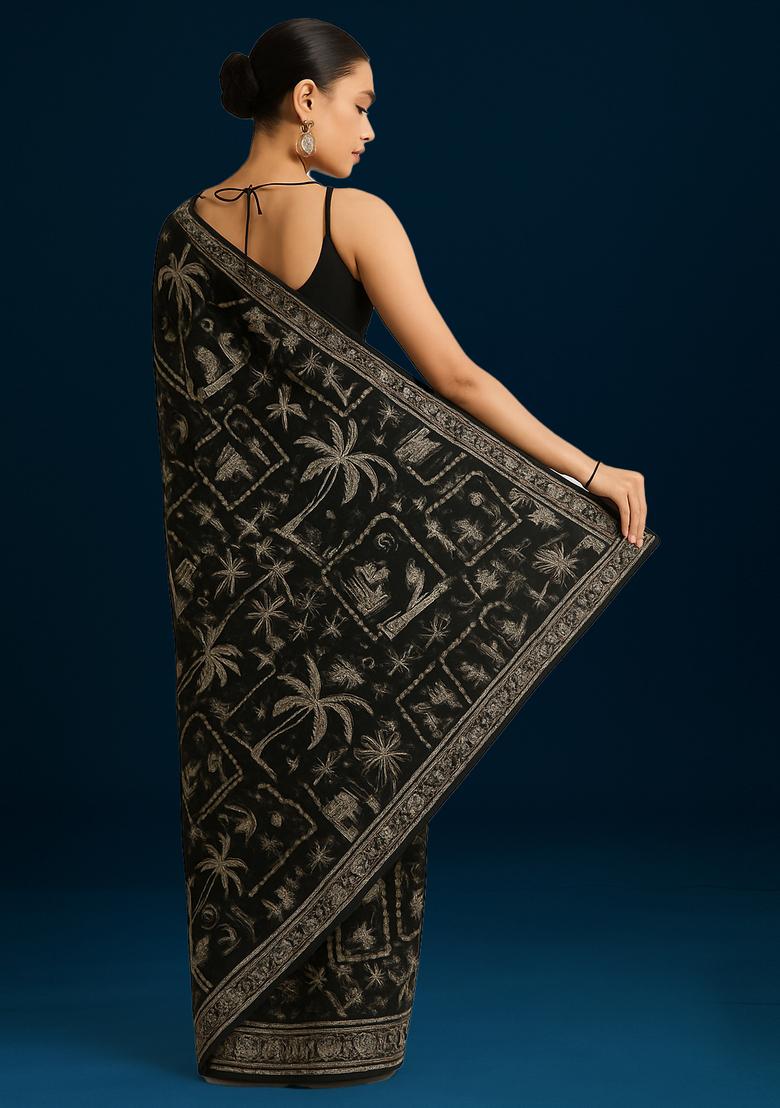 Black Embroidered Linen Pre Draped Saree Set