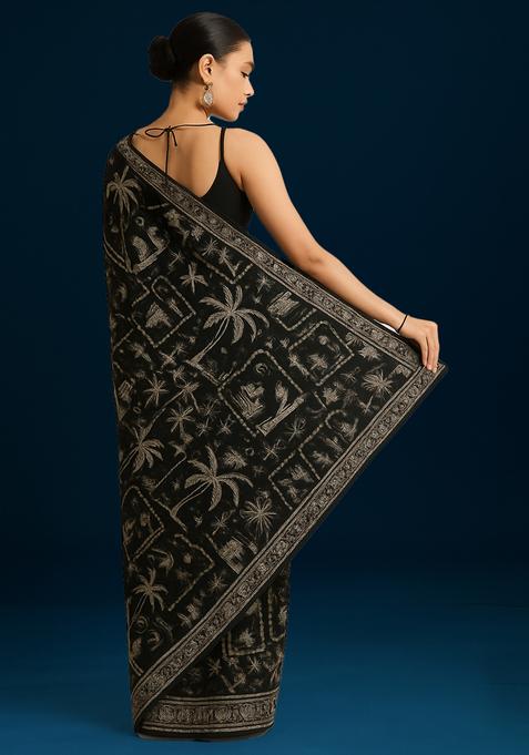 Black Embroidered Linen Pre Draped Saree Set