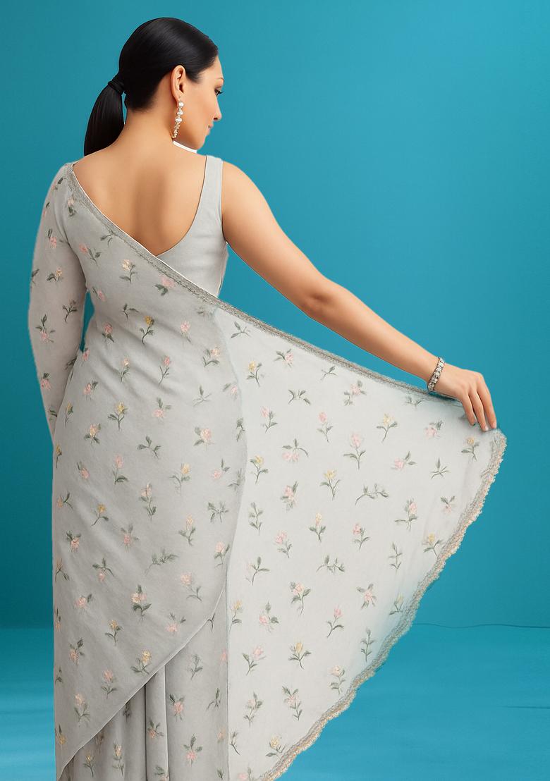 Grey Embroidered Linen Pre Draped Saree Set - Indya