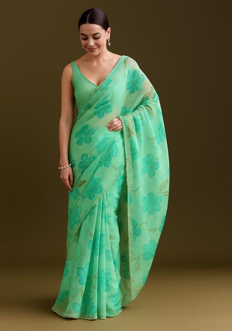 Sea Green Brush Painted Organza Pre Draped Saree Set