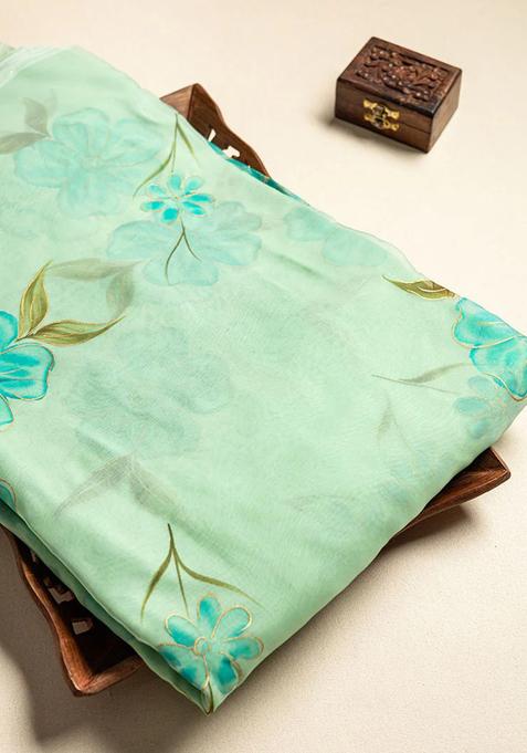 Sea Green Brush Painted Organza Pre Draped Saree Set