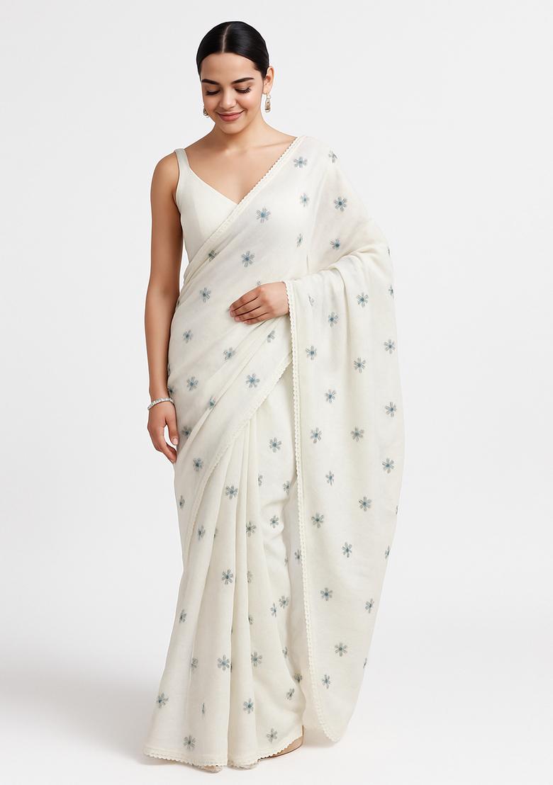 White Embroidered Linen Pre Draped Saree Set