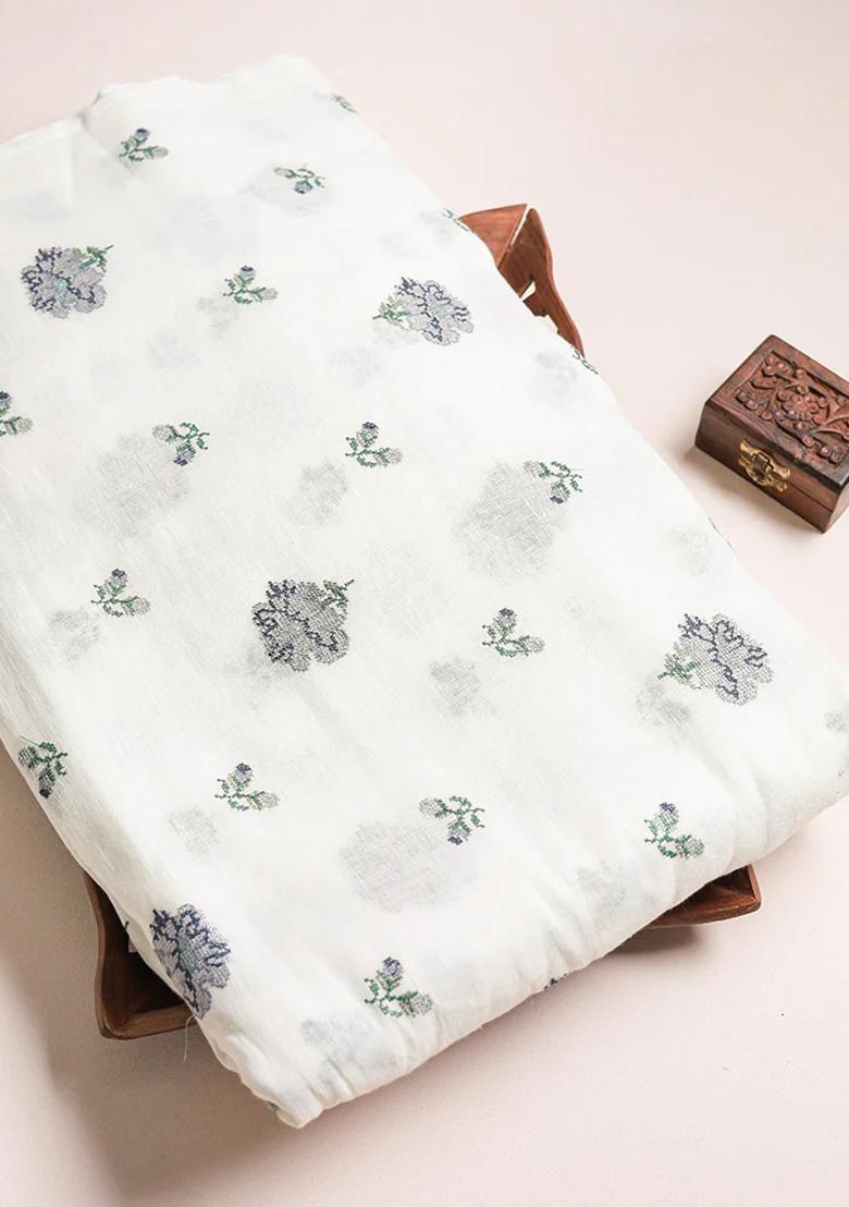 White Embroidered Linen Pre Draped Saree Set