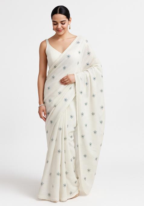White Embroidered Linen Pre Draped Saree Set