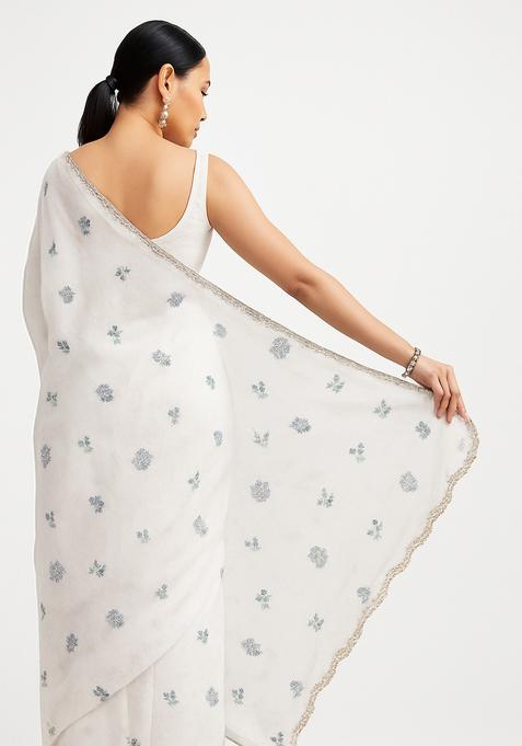 White Embroidered Linen Pre Draped Saree Set