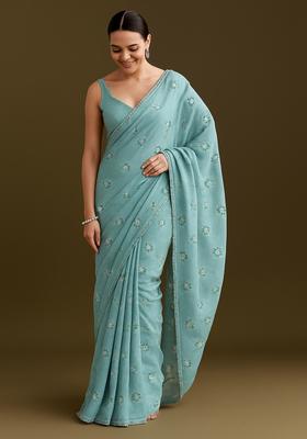 Blue Embroidered Linen Pre Draped Saree Set