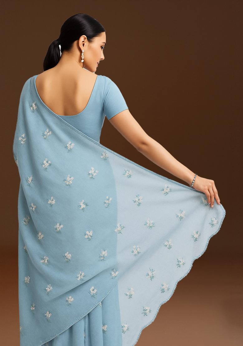 Blue Embroidered Linen Pre Draped Saree Set - Indya