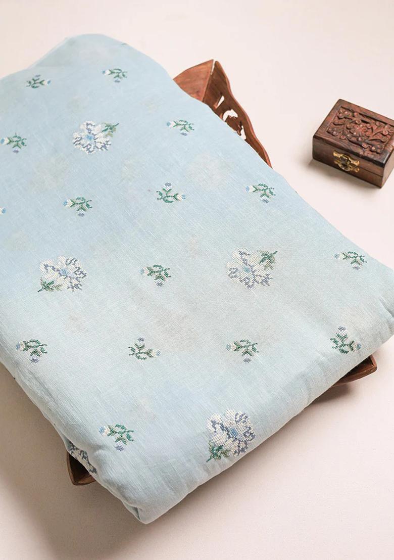 Blue Embroidered Linen Pre Draped Saree Set