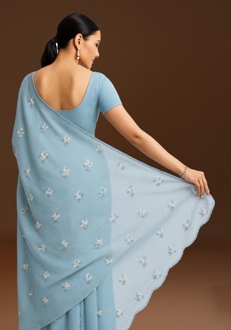 Blue Embroidered Linen Pre Draped Saree Set