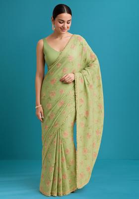 Green Embroidered Linen Pre Draped Saree Set