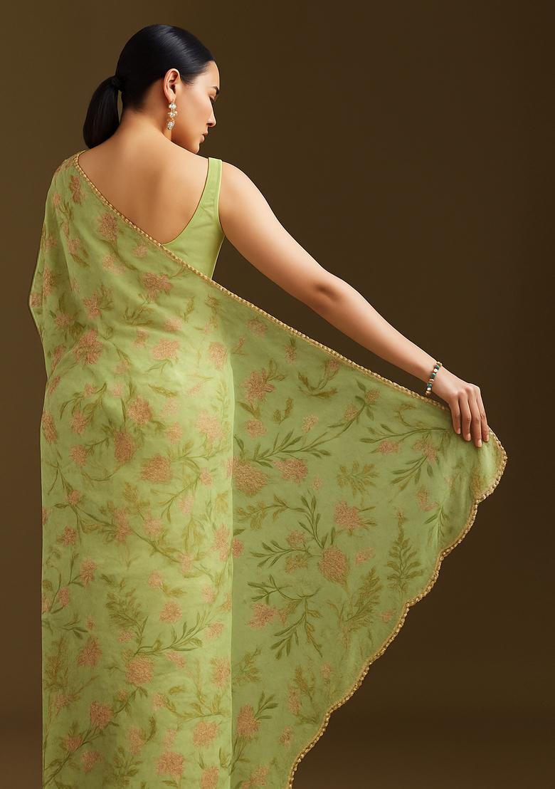 Green Embroidered Linen Pre Draped Saree Set