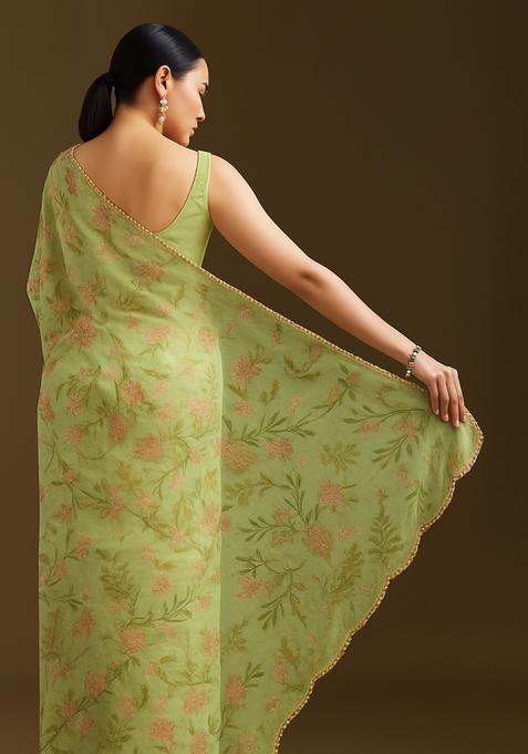 Green Embroidered Linen Pre Draped Saree Set