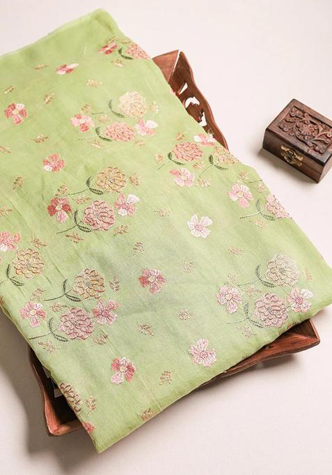 Green Embroidered Linen Pre Draped Saree Set