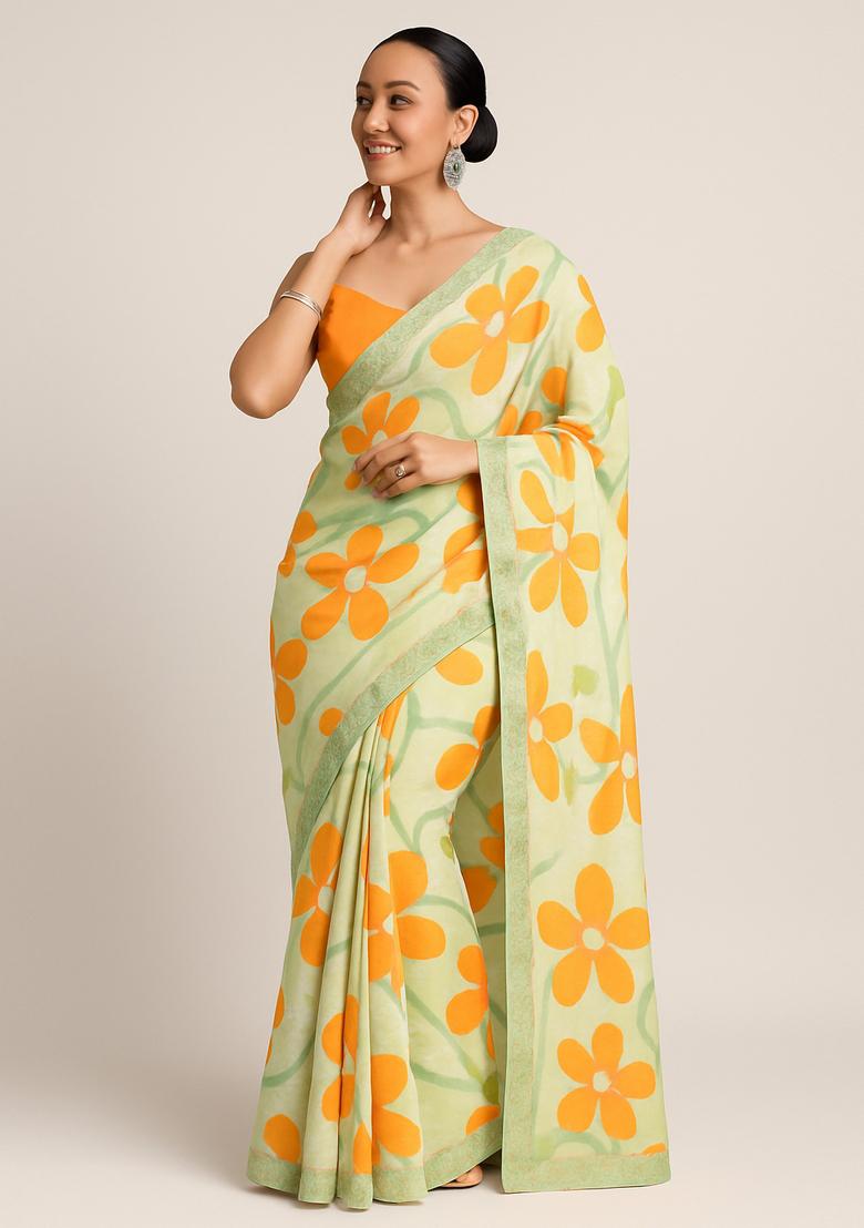 Off White Printed Linen Pre Draped Saree Set
