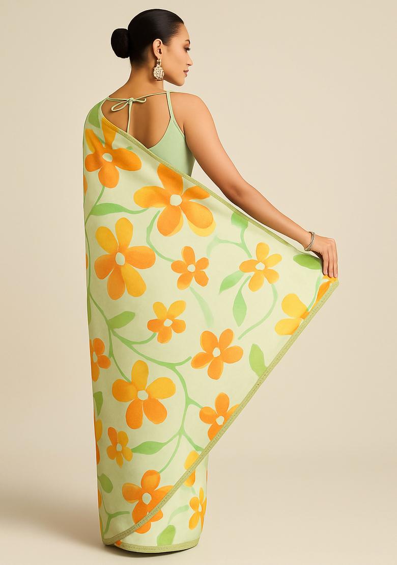 Off White Printed Linen Pre Draped Saree Set
