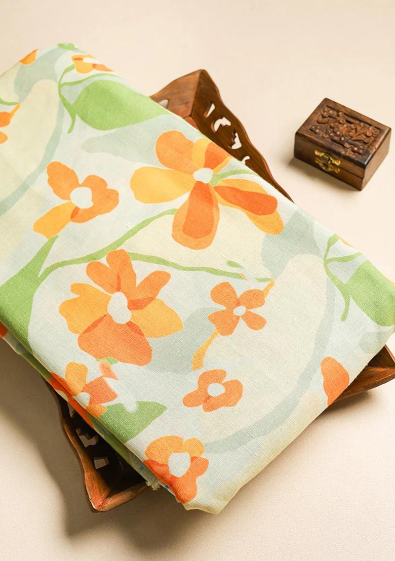 Off White Printed Linen Pre Draped Saree Set