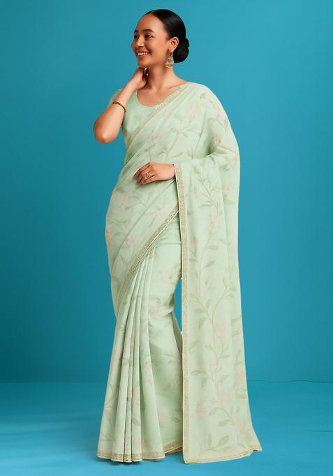 White Printed Linen Pre Draped Saree Set