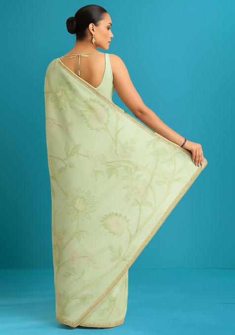White Printed Linen Pre Draped Saree Set