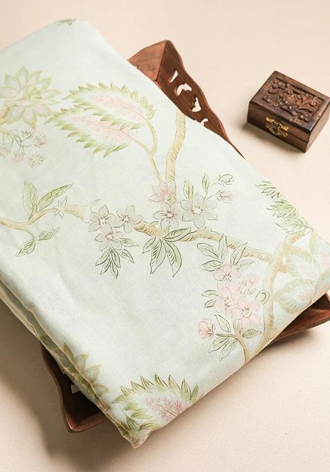 White Printed Linen Pre Draped Saree Set