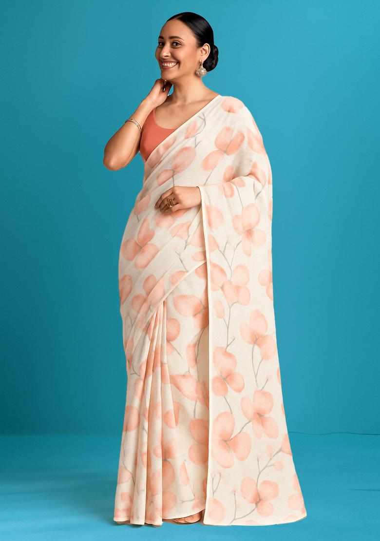 Peach Printed Linen Pre Draped Saree Set