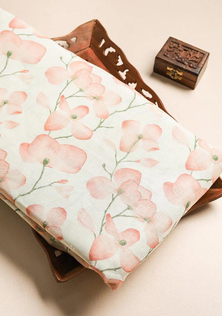 Peach Printed Linen Pre Draped Saree Set