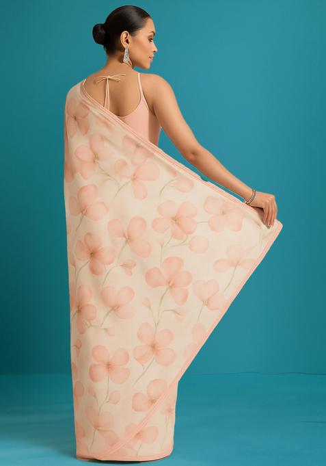 Peach Printed Linen Pre Draped Saree Set