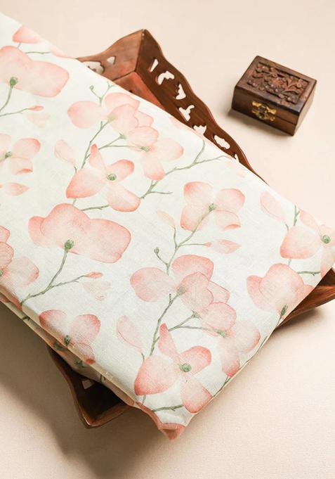 Peach Printed Linen Pre Draped Saree Set