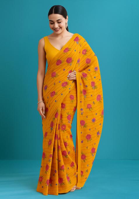 Yellow Printed Linen Georgette Pre Draped Saree Set