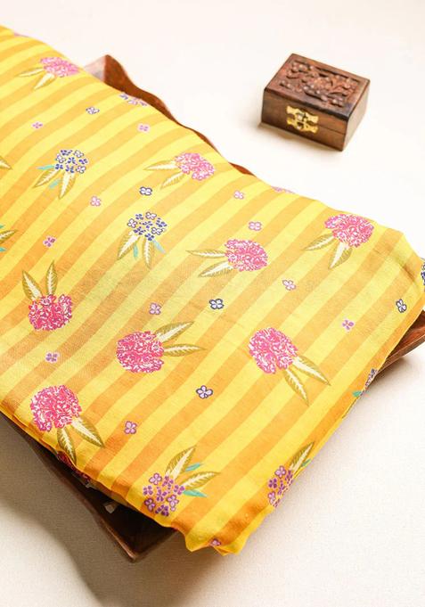 Yellow Printed Linen Georgette Pre Draped Saree Set
