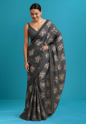 Grey Printed Linen Pre Draped Saree Set