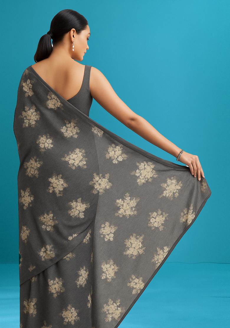 Grey Printed Linen Pre Draped Saree Set