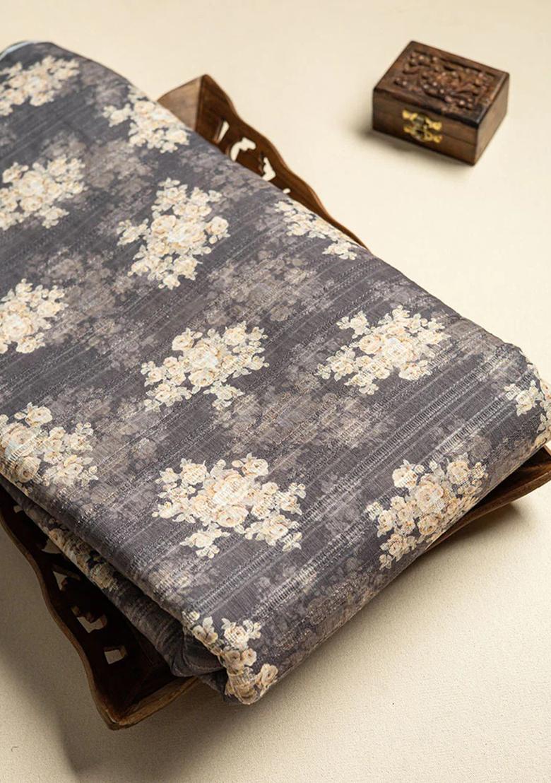 Grey Printed Linen Pre Draped Saree Set