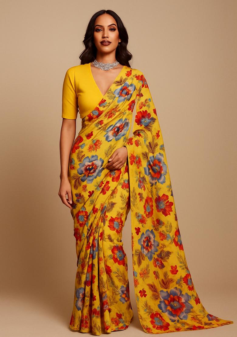 Yellow Printed Crepe Pre Draped Saree Set