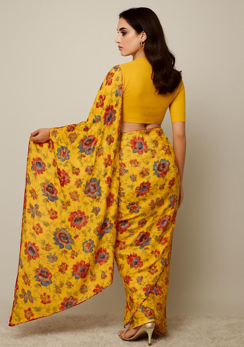 Yellow Printed Crepe Pre Draped Saree Set
