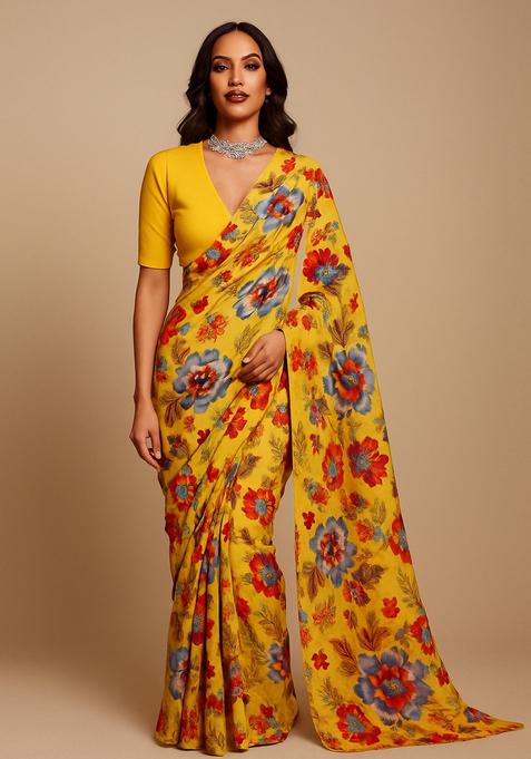 Yellow Printed Crepe Pre Draped Saree Set