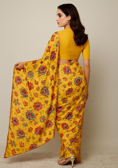 Yellow Printed Crepe Pre Draped Saree Set