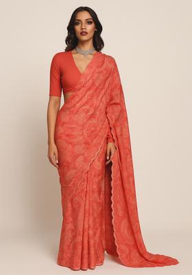 Orange Printed Crepe Pre Draped Saree Set