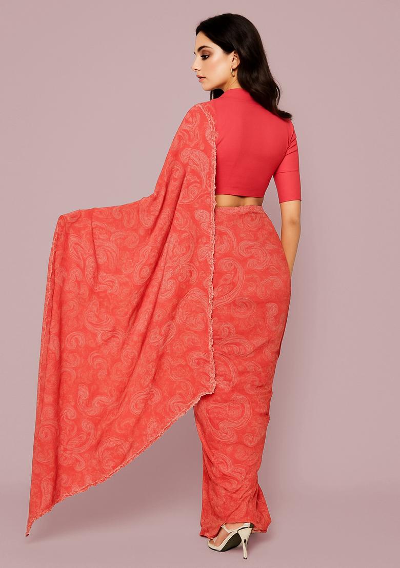 Orange Printed Crepe Pre Draped Saree Set - Indya