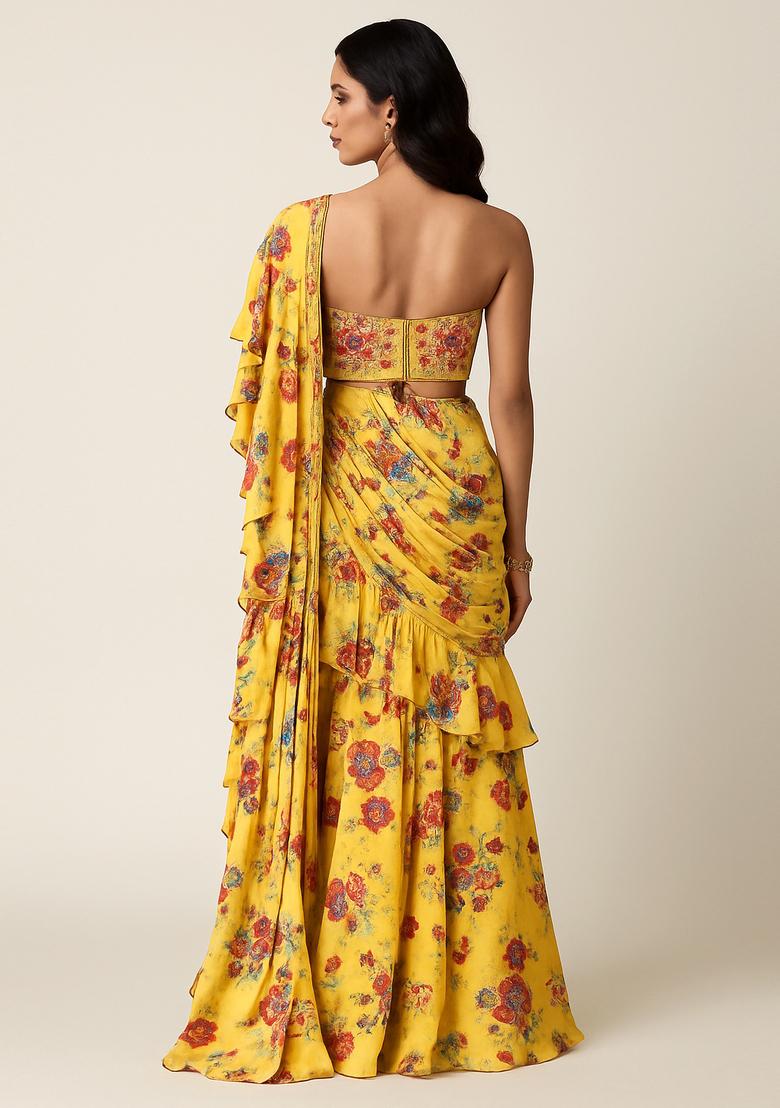 Yellow Printed Crepe Pre Draped Saree Set - Indya