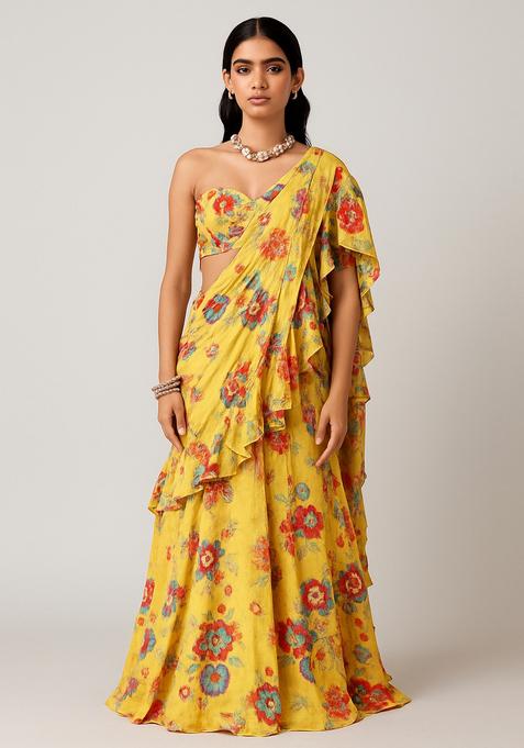 Yellow Printed Crepe Pre Draped Saree Set