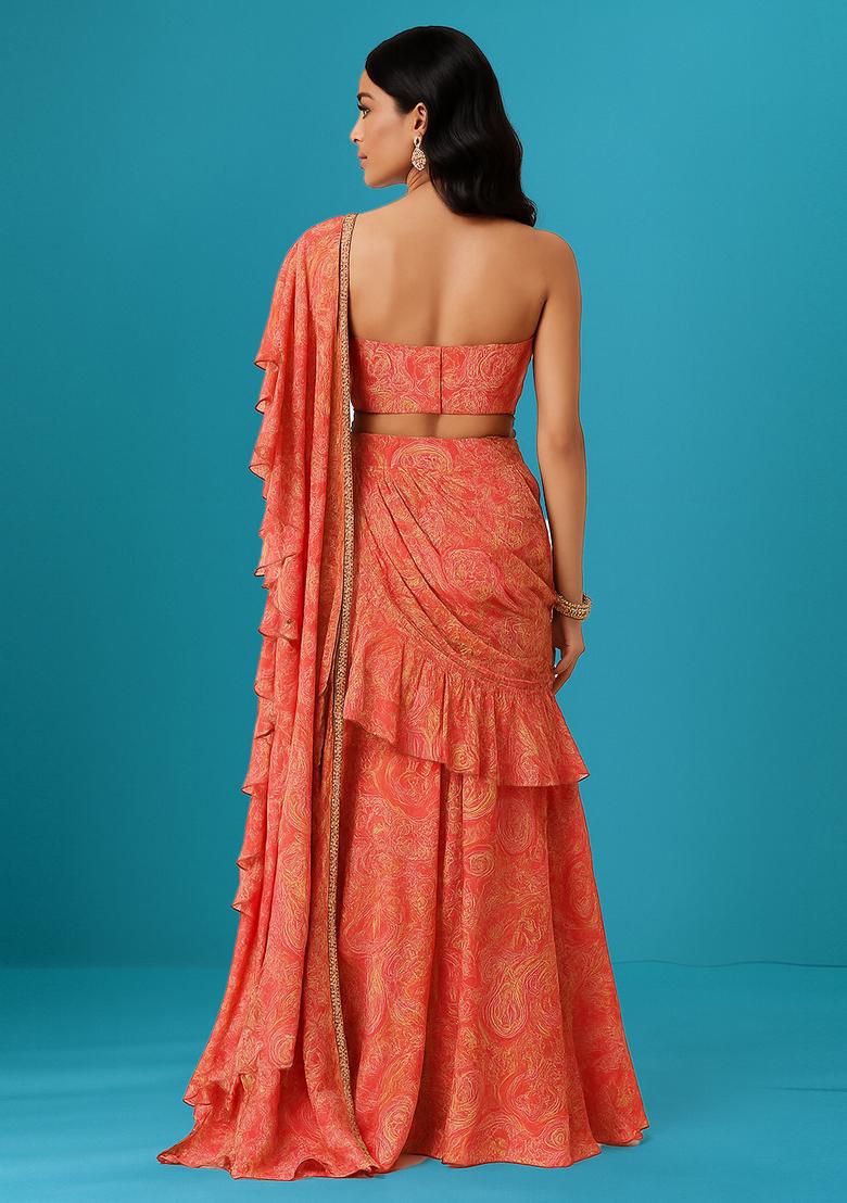Peach Printed Crepe Pre Draped Saree Set - Indya
