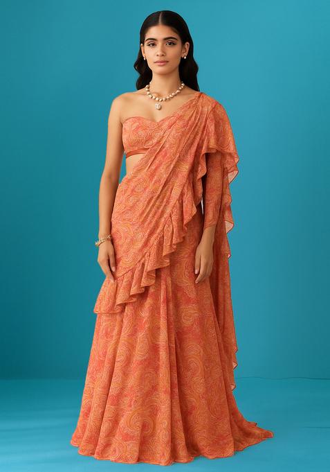 Peach Printed Crepe Pre Draped Saree Set