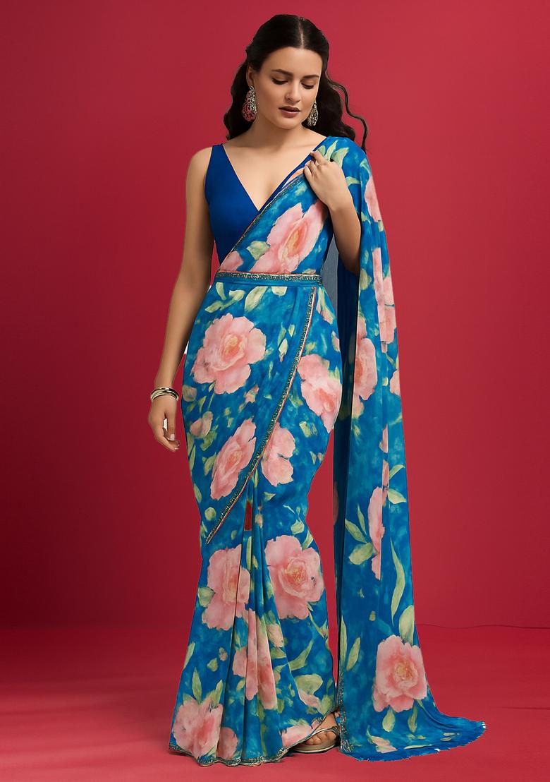 Blue Printed Satin Pre Draped Saree Set