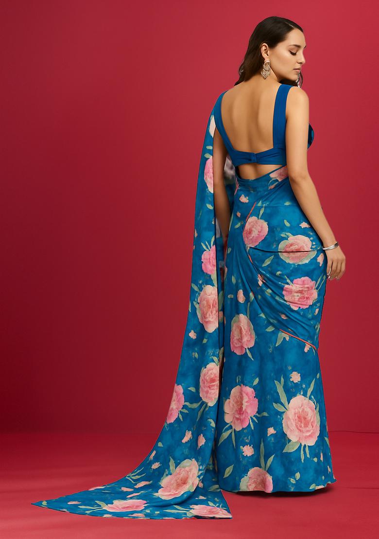 Blue Printed Satin Pre Draped Saree Set