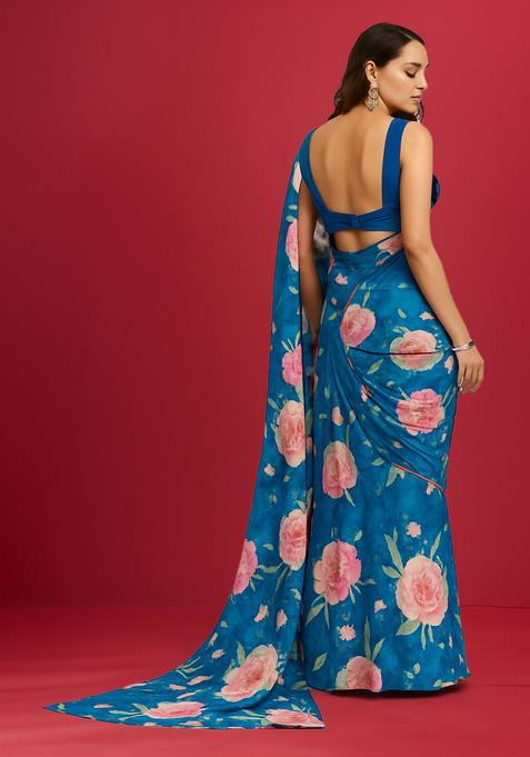 Blue Printed Satin Pre Draped Saree Set
