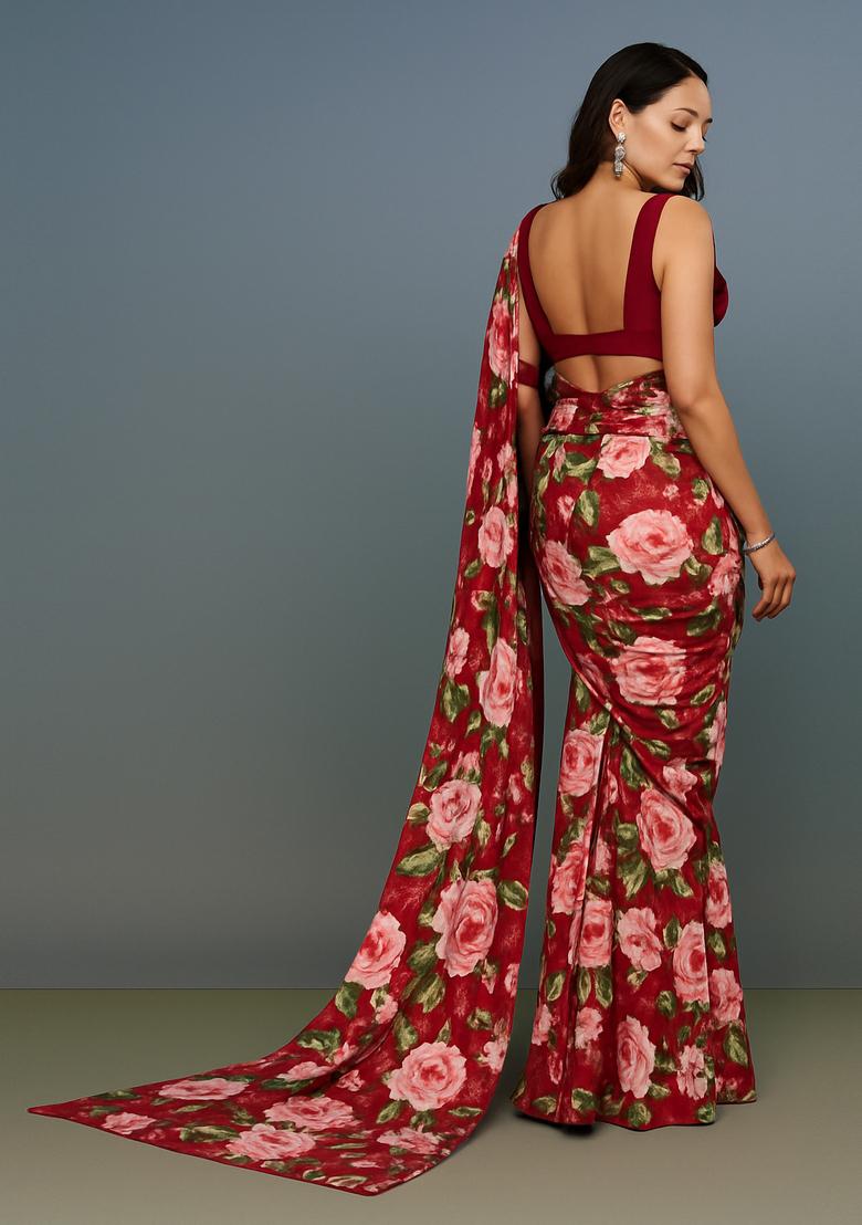 Red Printed Satin Pre Draped Saree Set