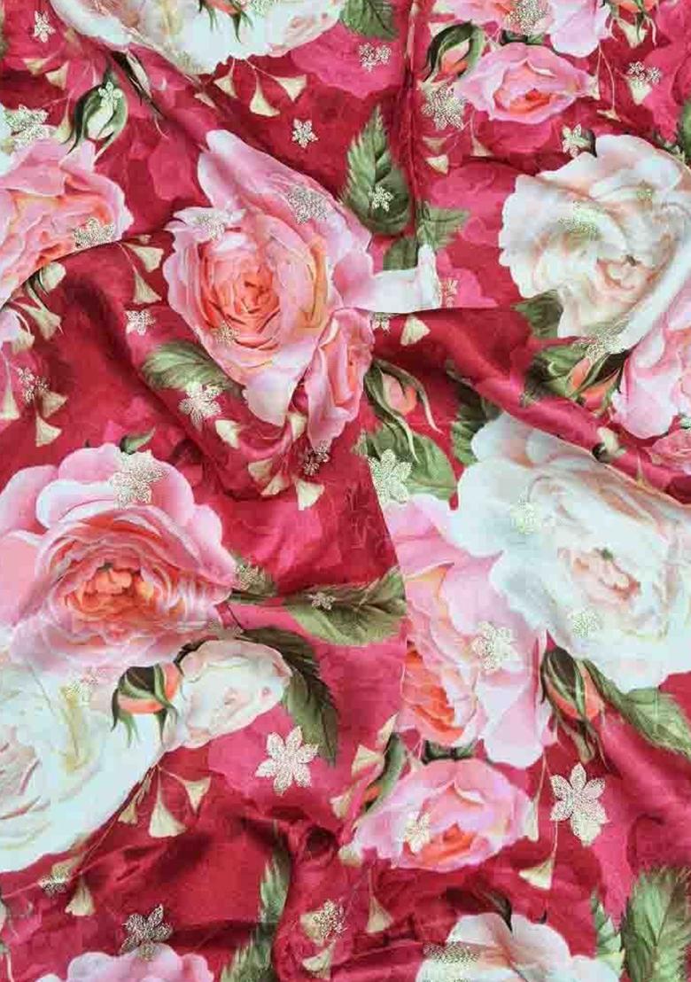 Red Printed Satin Pre Draped Saree Set